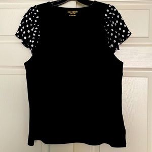 Kate Spade Black Cotton Crewneck Top with Polka Dotted Ruffle Cap Sleeve